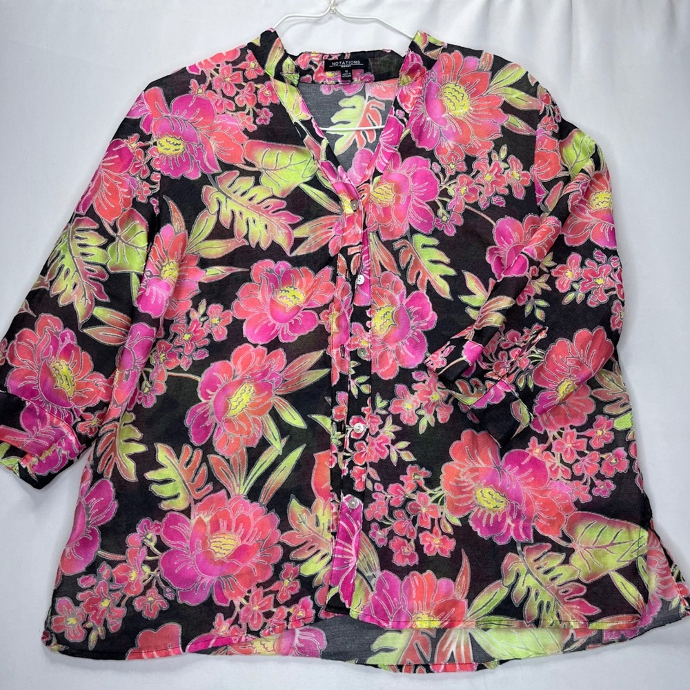 Notations Blouse Womens 1X Black PinkFloral Rayon Linen 3/4 Sleeve Button Up Top